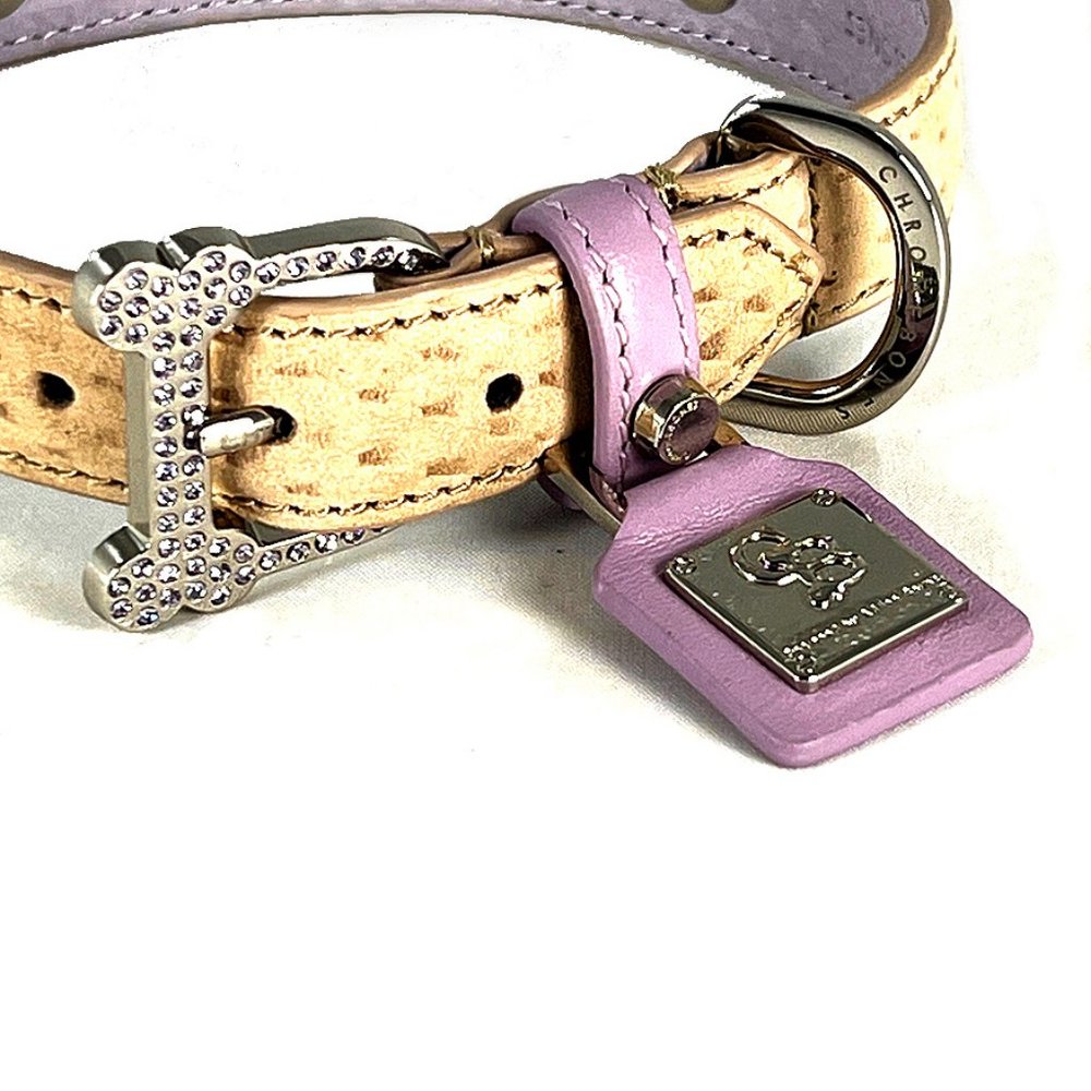 Beige & Lavender Leather-Embossed Collar with Crystal Bones 12"-15" - Picture 2 of 4